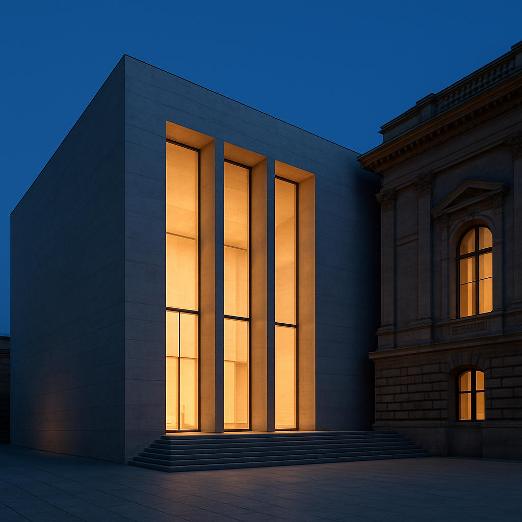 Architektur des Kunsthaus Zürich bei Dämmerung